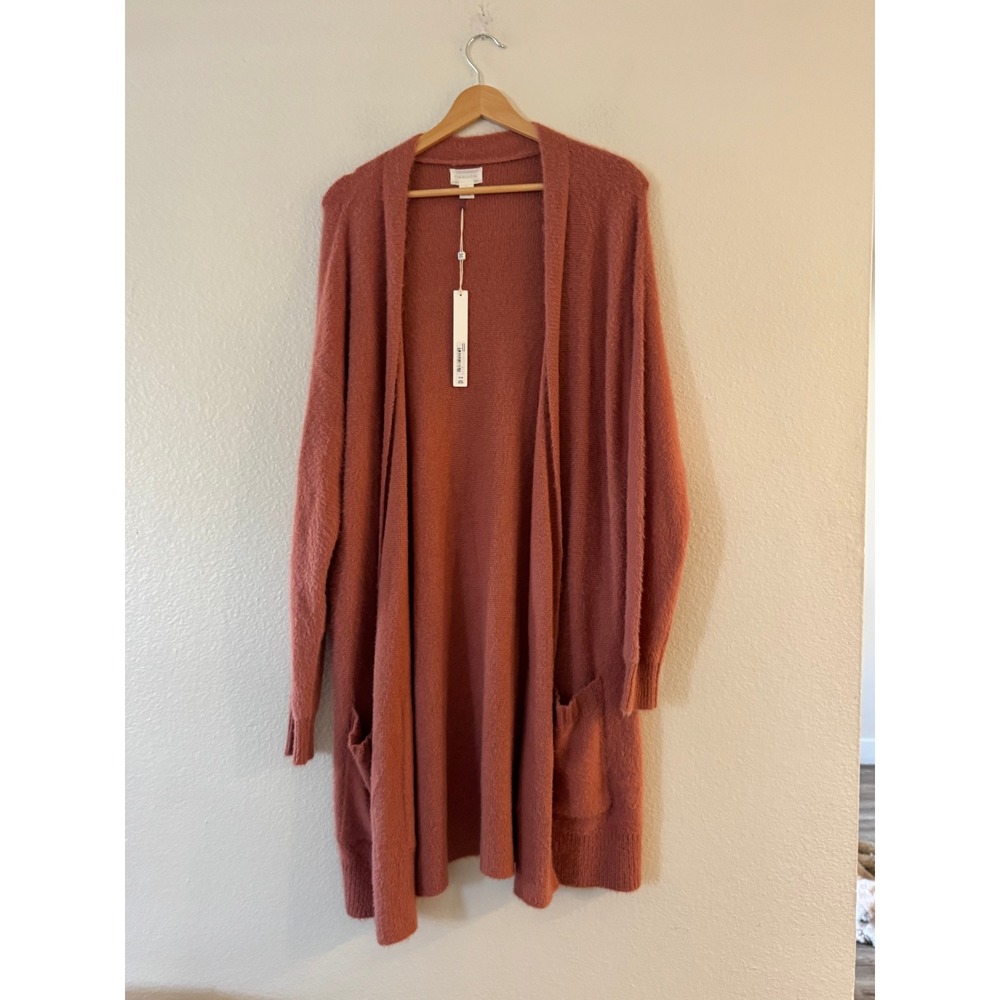 Caslon Open Front Longline Cardigan Pockets Soft Fuzzy Size L Pink NWT NEW